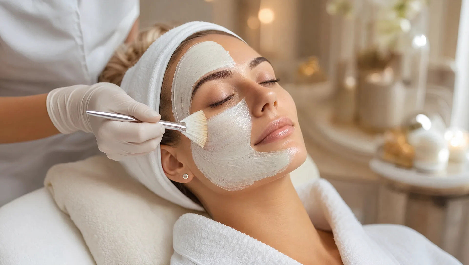 Chemical peel mask being applied with a fan brush at Victoria Edward Spa in Longwood, FL