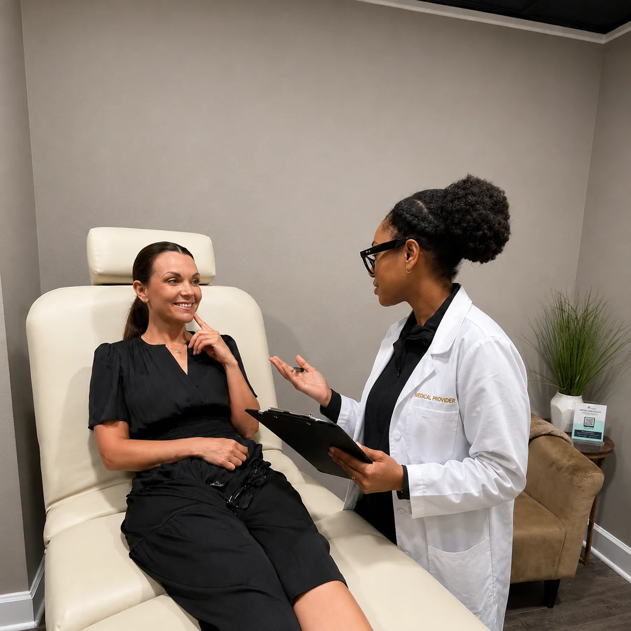 Medical provider consulting with a client before treatment at Victoria Edward Spa in Longwood, FL